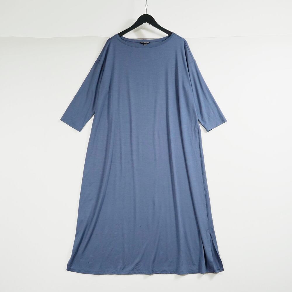 Eileen Fisher blue Lightweight Viscose Jersey Dress Round Neck S/P Made in USA - Picture 2 of 8